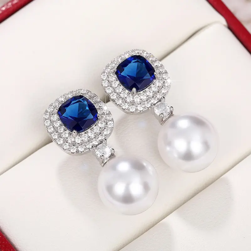 Huitan Elegant Imitation Pearl Earrings with Blue/White Cubic Zirconia Brilliant Ear Accessory for Women Wedding Trendy Jewelry