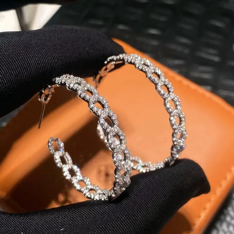 Huitan Luxury Bright Zirconia Loop Earrings Chain Shape Accessories for Women Gorgeous Silver Color Jewelry for Engagement Party