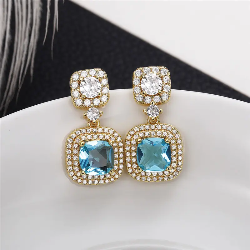 Huitan Luxury Gold Color Blue CZ Dangle Earrings Engagement Wedding Party Noble Women's Ear Accessories New Fashion Jewelry 2022
