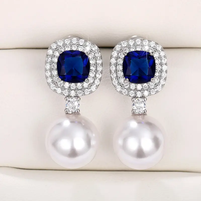 Huitan Elegant Imitation Pearl Earrings with Blue/White Cubic Zirconia Brilliant Ear Accessory for Women Wedding Trendy Jewelry