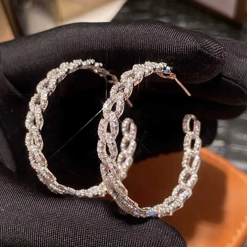 Huitan Luxury Bright Zirconia Loop Earrings Chain Shape Accessories for Women Gorgeous Silver Color Jewelry for Engagement Party
