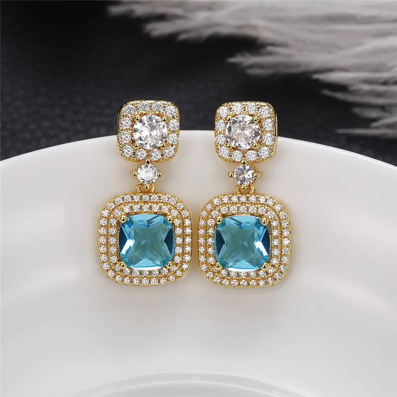 Huitan Luxury Gold Color Blue CZ Dangle Earrings Engagement Wedding Party Noble Women's Ear Accessories New Fashion Jewelry 2022