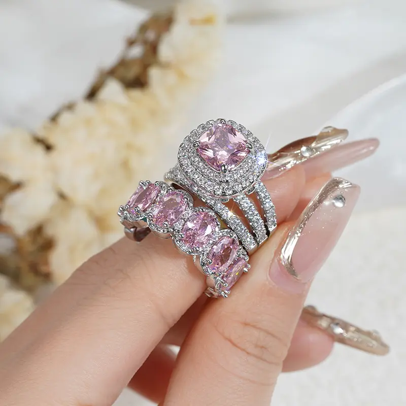 Huitan New Trendy Set Rings for Women Pink/White/Green/Black Cubic Zirconia Rings Gorgeous Wedding Accessories Eternity Jewelry