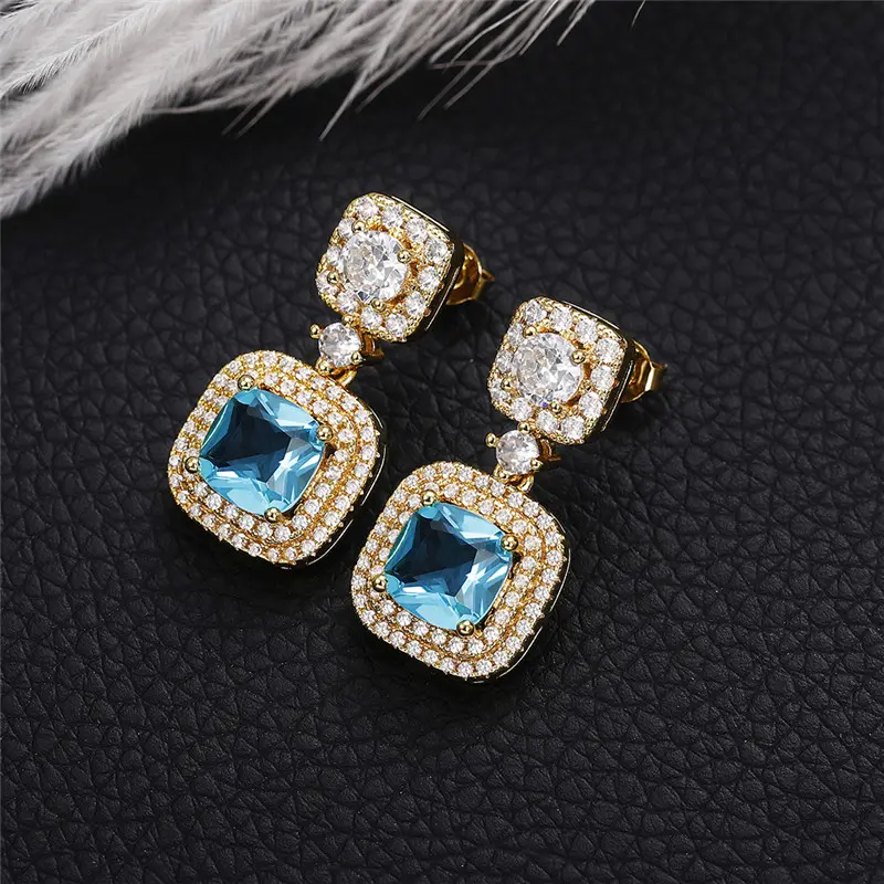 Huitan Luxury Gold Color Blue CZ Dangle Earrings Engagement Wedding Party Noble Women's Ear Accessories New Fashion Jewelry 2022