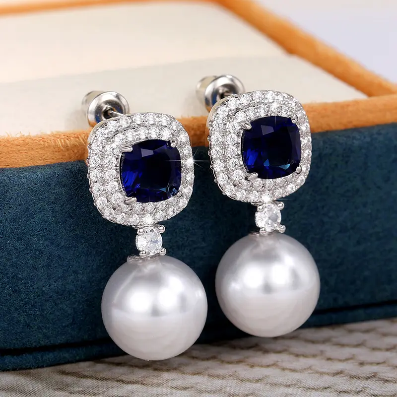 Huitan Elegant Imitation Pearl Earrings with Blue/White Cubic Zirconia Brilliant Ear Accessory for Women Wedding Trendy Jewelry