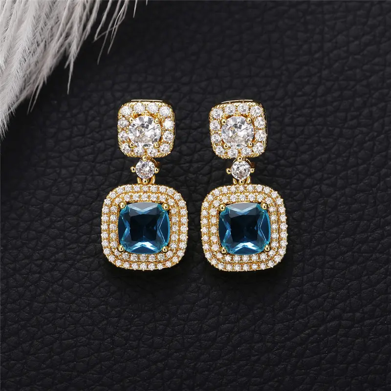 Huitan Luxury Gold Color Blue CZ Dangle Earrings Engagement Wedding Party Noble Women's Ear Accessories New Fashion Jewelry 2022