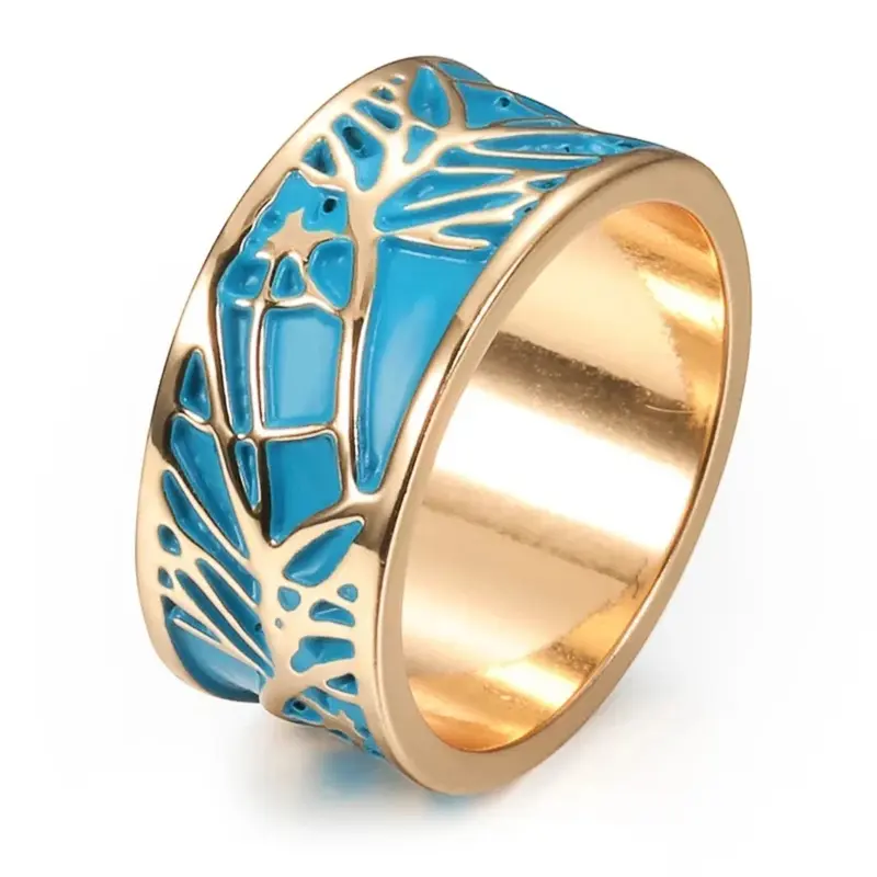 Huitan Boho Style Blue Enamel Finger-ring for Woman Creative Plant Tree Pattern Design Fancy Girl Gift Party Female Jewelry New