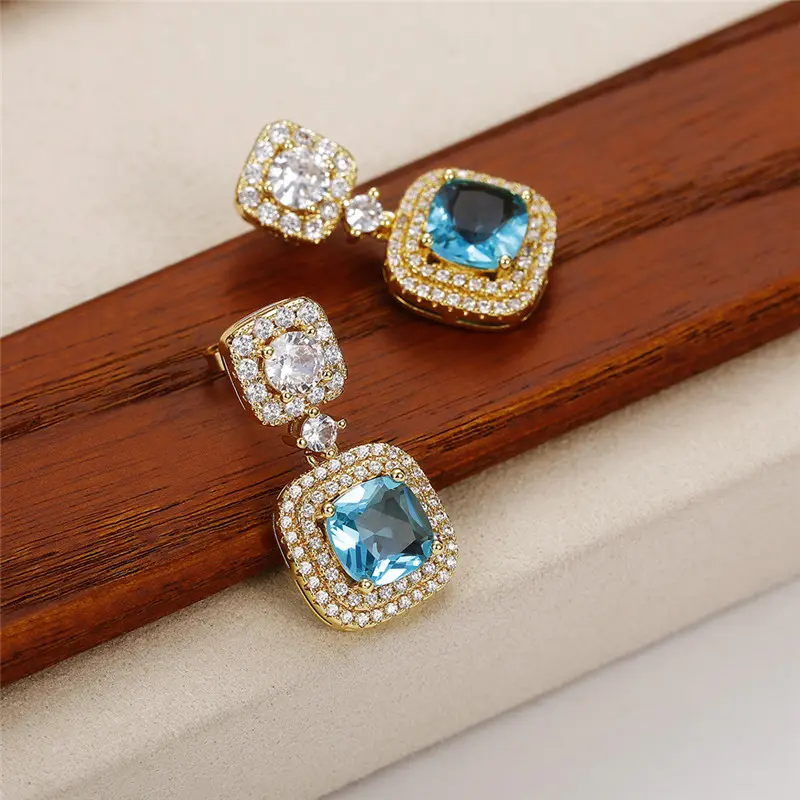 Huitan Luxury Gold Color Blue CZ Dangle Earrings Engagement Wedding Party Noble Women's Ear Accessories New Fashion Jewelry 2022