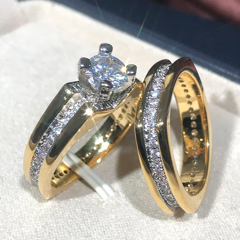 Huitan Luxury Gold Color 2Pcs Set Rings for Women Wedding Engagement Band Jewelry Shiny Crystal Cubic Zirconia Statement Rings