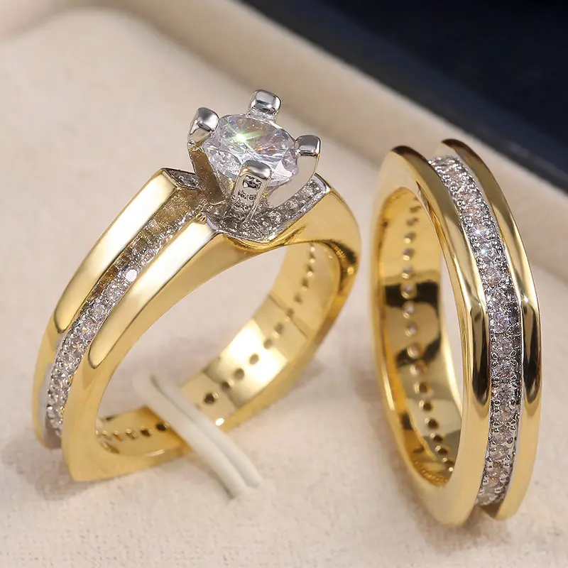 Huitan Luxury Gold Color 2Pcs Set Rings for Women Wedding Engagement Band Jewelry Shiny Crystal Cubic Zirconia Statement Rings