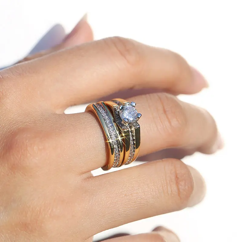 Huitan Luxury Gold Color 2Pcs Set Rings for Women Wedding Engagement Band Jewelry Shiny Crystal Cubic Zirconia Statement Rings