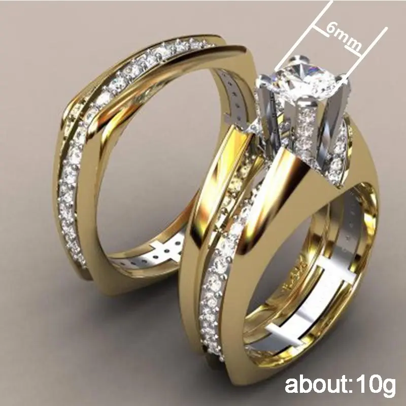 Huitan Luxury Gold Color 2Pcs Set Rings for Women Wedding Engagement Band Jewelry Shiny Crystal Cubic Zirconia Statement Rings
