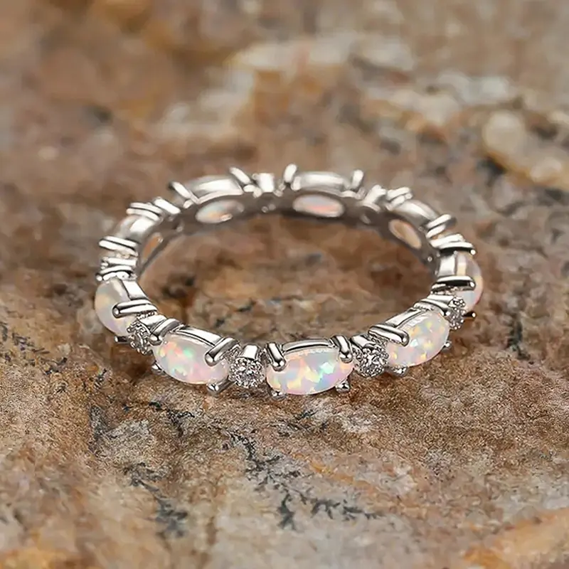 Huitan Oval Imitation Opal Finger Ring for Women 3 Metal Colors Daily Wear Fancy Accessories Cute Girls Gift Statement Jewelry