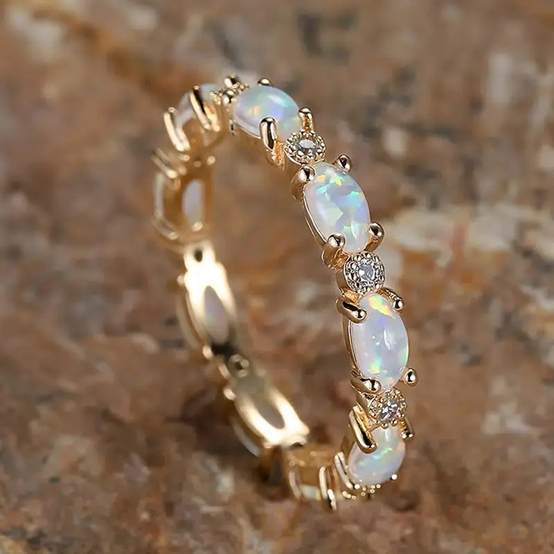 Huitan Oval Imitation Opal Finger Ring for Women 3 Metal Colors Daily Wear Fancy Accessories Cute Girls Gift Statement Jewelry