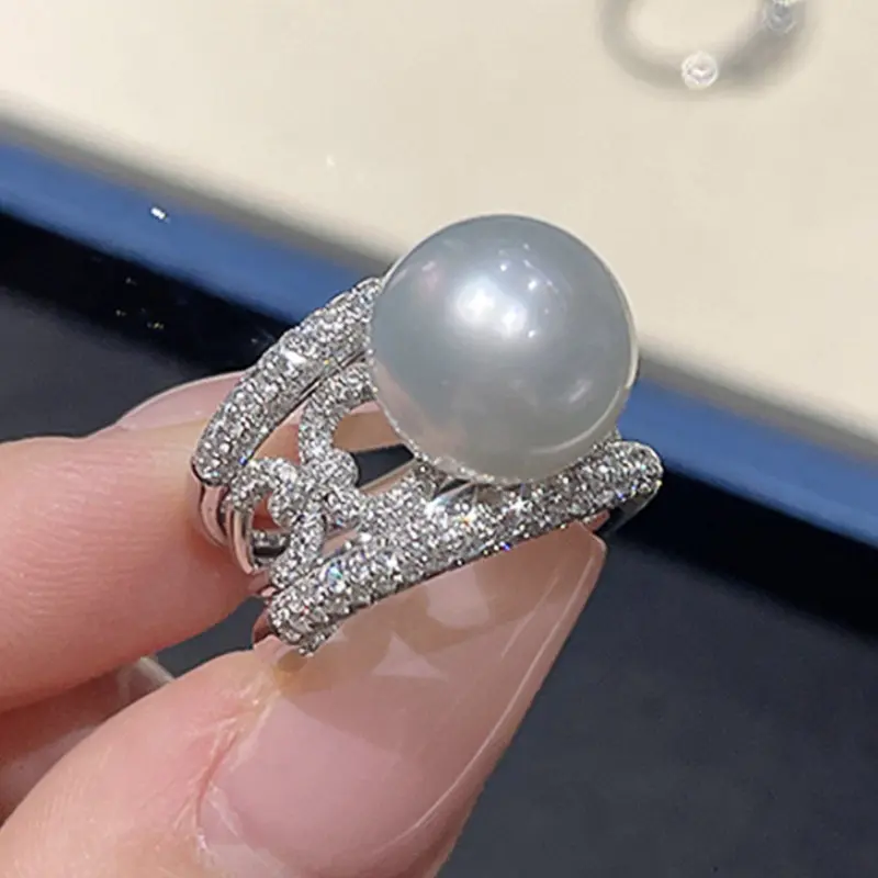 Huitan Gorgeous Delicate Jewelry Ring Women Luxury Bridal Simulated Pearl Wedding Band Silver Color Bright Zirconia Accessories