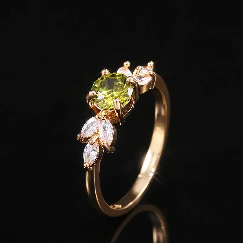 Huitan Korean Fresh Women Finger-rings Olive Green CZ Stone Stylish Female Dance Party Fancy Accessories Statement Jewelry Gift