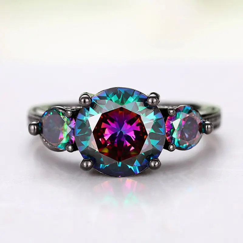 Huitan Women Unique Black Rings with Multi-colored Cubic Zirconia Wedding Band Accessories Vintage Rings Female Party Jewelry