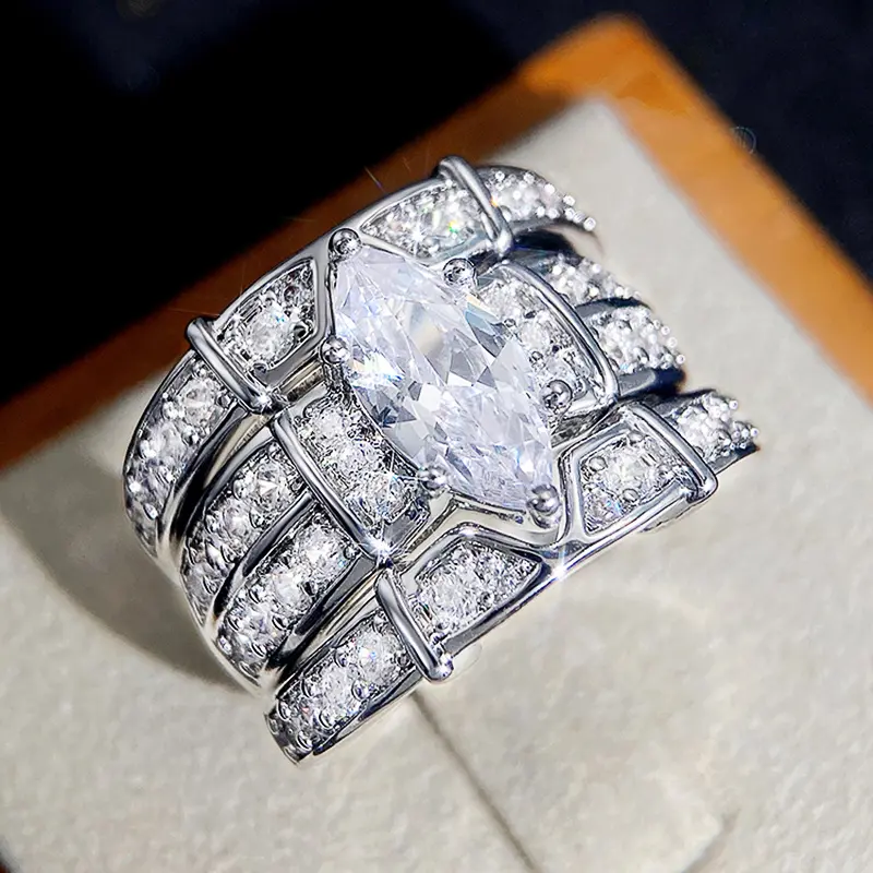 Huitan Newly Designed Marquise Cubic Zirconia Set Rings for Women High-quality Silver Color 3Pcs Match Rings 2023 Trendy Jewelry