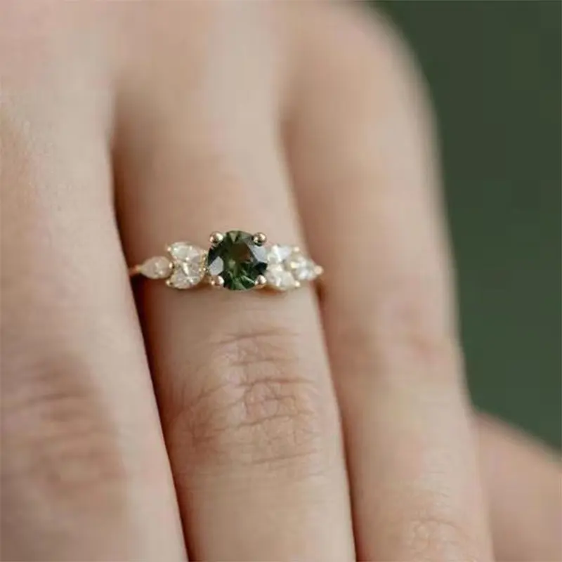 Huitan Korean Fresh Women Finger-rings Olive Green CZ Stone Stylish Female Dance Party Fancy Accessories Statement Jewelry Gift