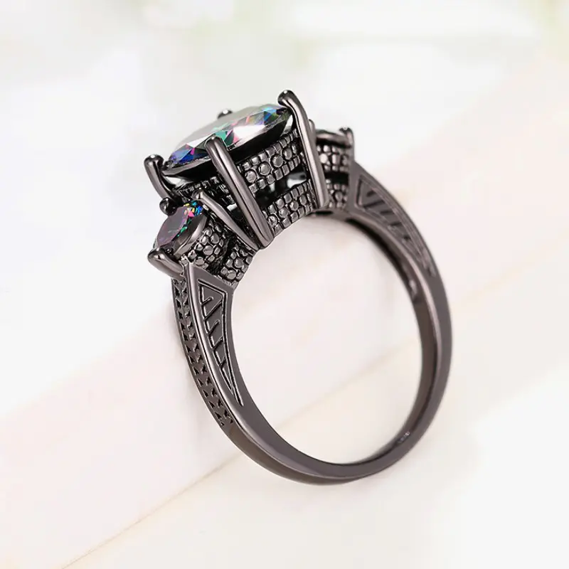 Huitan Women Unique Black Rings with Multi-colored Cubic Zirconia Wedding Band Accessories Vintage Rings Female Party Jewelry