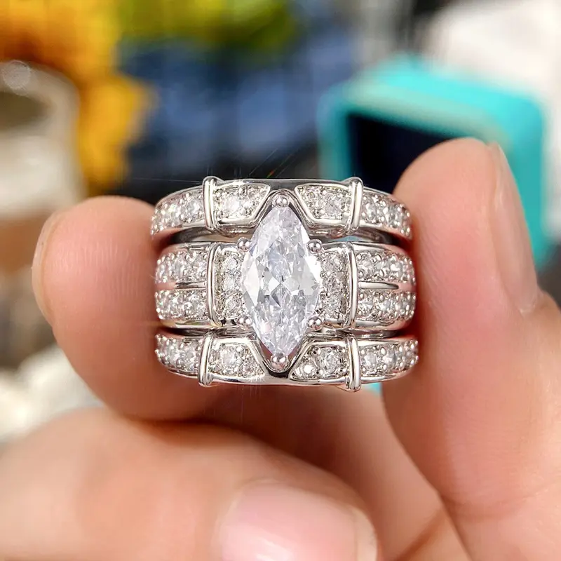 Huitan Newly Designed Marquise Cubic Zirconia Set Rings for Women High-quality Silver Color 3Pcs Match Rings 2023 Trendy Jewelry