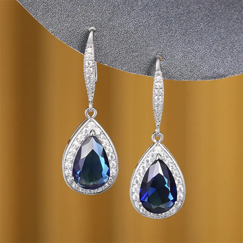 Huitan Fashion Women Hook Earrings with Blue Cubic Zirconia Exquisite Lady's Accessories Anniversary Party Gift Eternity Jewelry