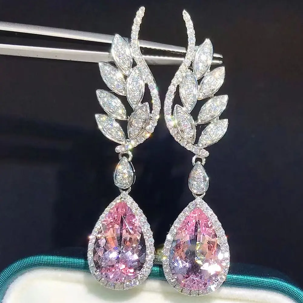 Huitan Pear Cubic Zirconia Dangle Earrings Women for Engagement Wedding Luxury Inlay Brilliant CZ Temperament Sweet Pink Jewelry