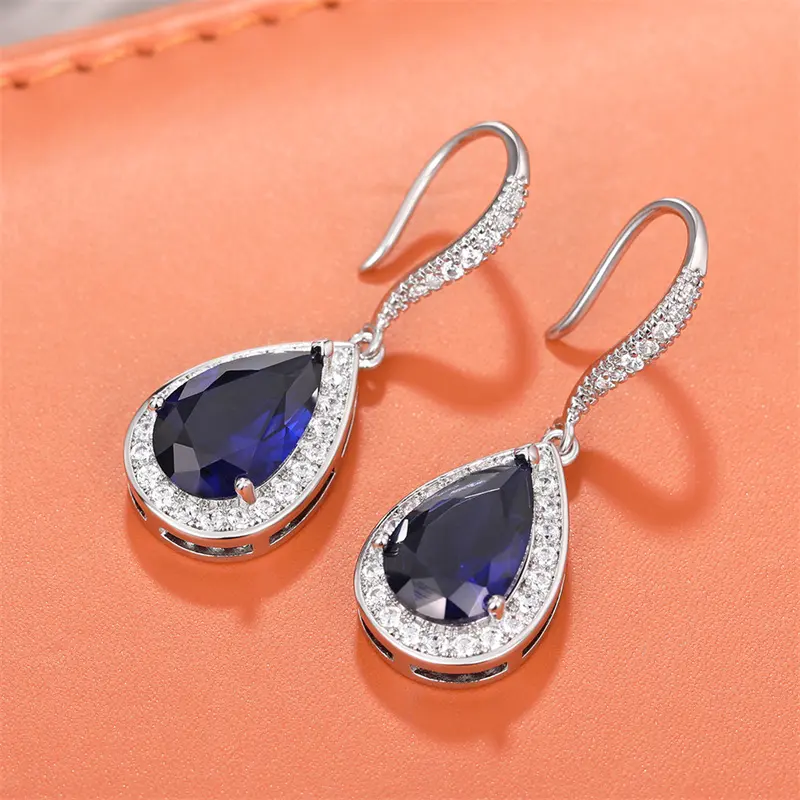 Huitan Fashion Women Hook Earrings with Blue Cubic Zirconia Exquisite Lady's Accessories Anniversary Party Gift Eternity Jewelry