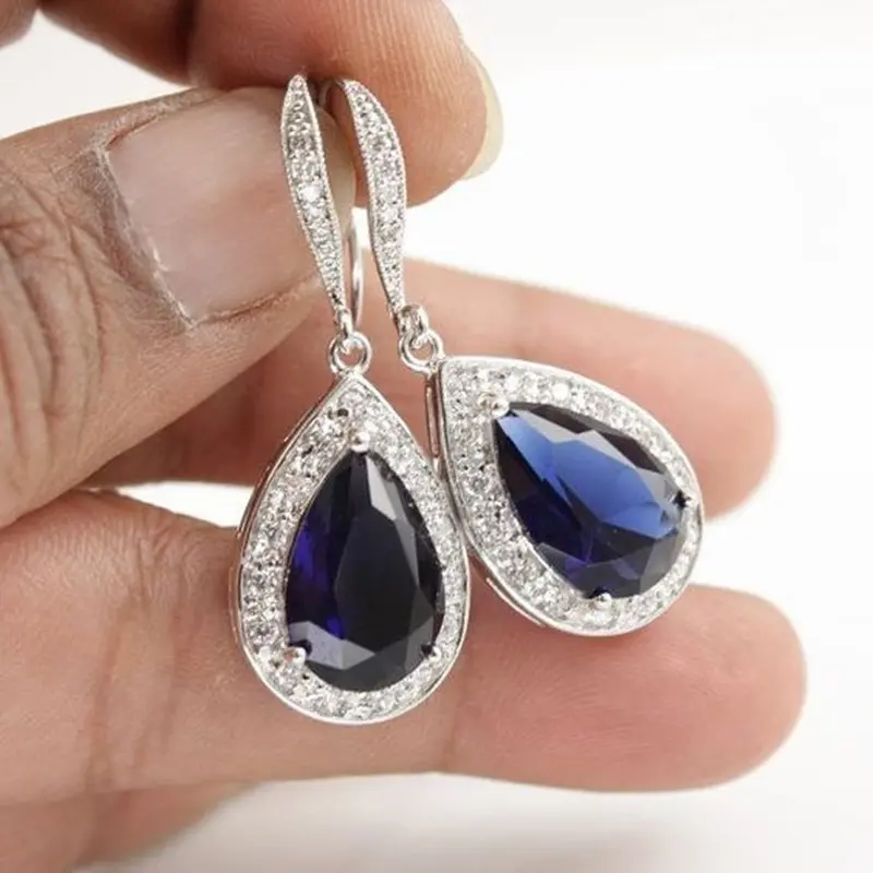 Huitan Fashion Women Hook Earrings with Blue Cubic Zirconia Exquisite Lady's Accessories Anniversary Party Gift Eternity Jewelry