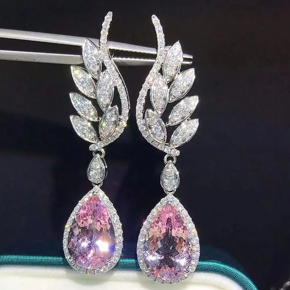 Huitan Pear Cubic Zirconia Dangle Earrings Women for Engagement Wedding Luxury Inlay Brilliant CZ Temperament Sweet Pink Jewelry