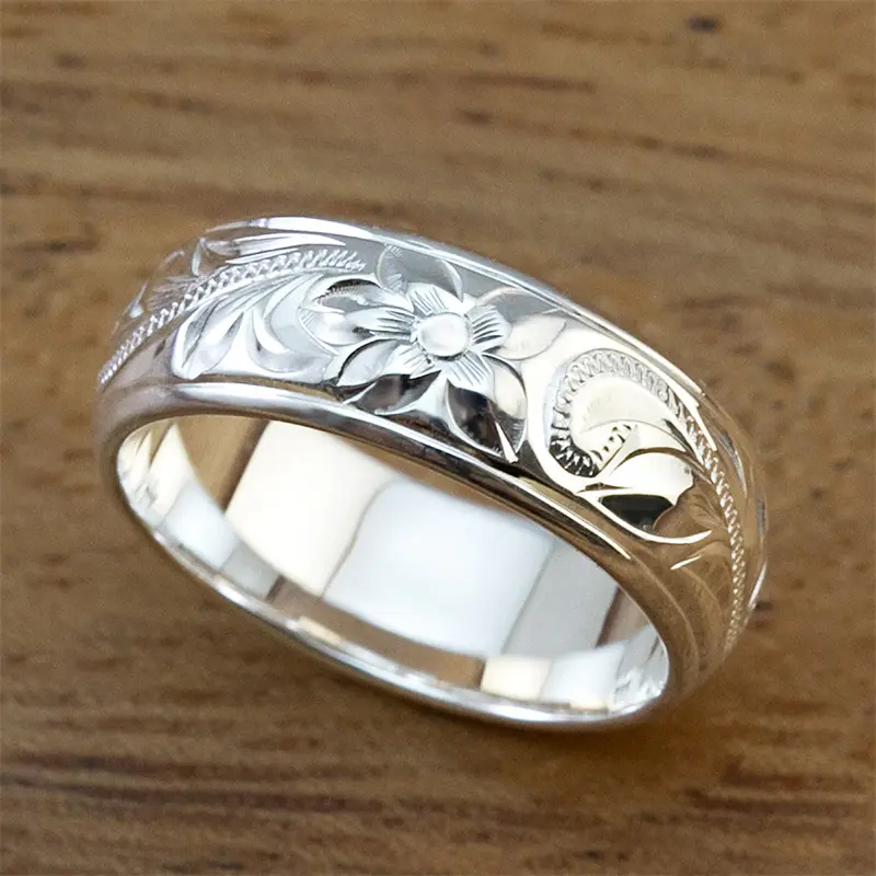 Huitan Delicate Floral Pattern Caved Women Rings Wedding Bands Silver Color Unique Gift for Lady Aesthetic Flower Finger Jewelry