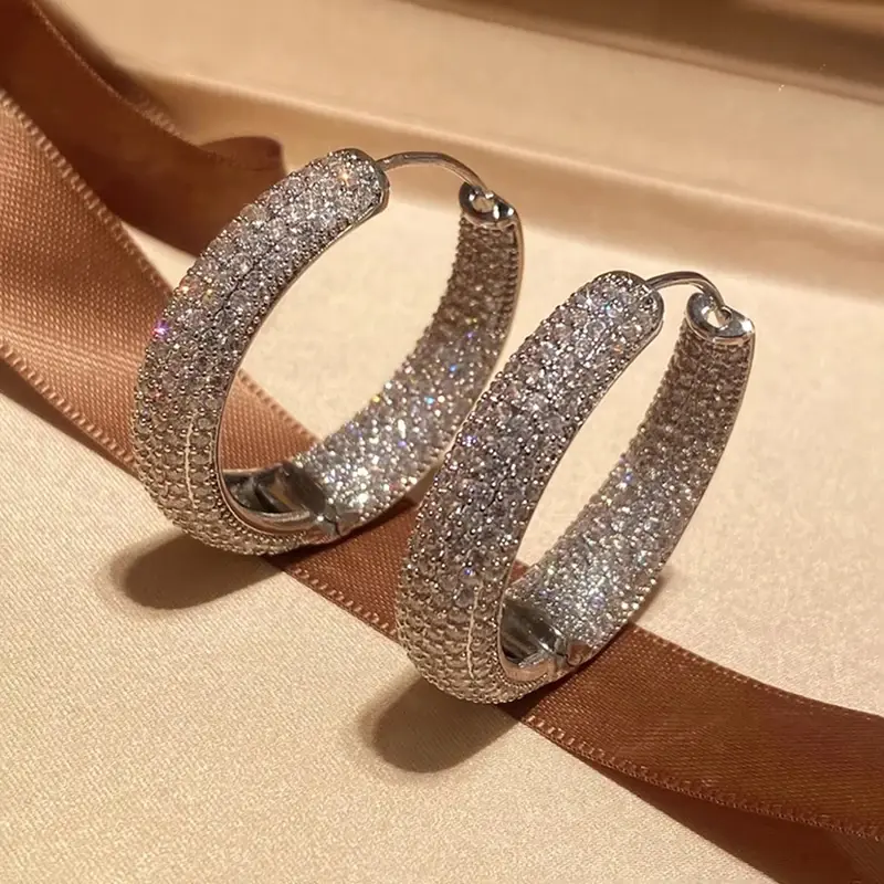 Huitan Luxury Aesthetic Hoop Earrings Full Bling Bling Cubic Zirconia for Women Sparkling Noble Party Jewelry Trendy Accessories