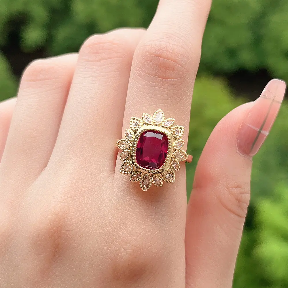 Huitan Luxury Dark Red CZ Rings Women Gold Color Aesthetic Flower Design Ring for Bride Wedding Ceremony Party New Trend Jewelry