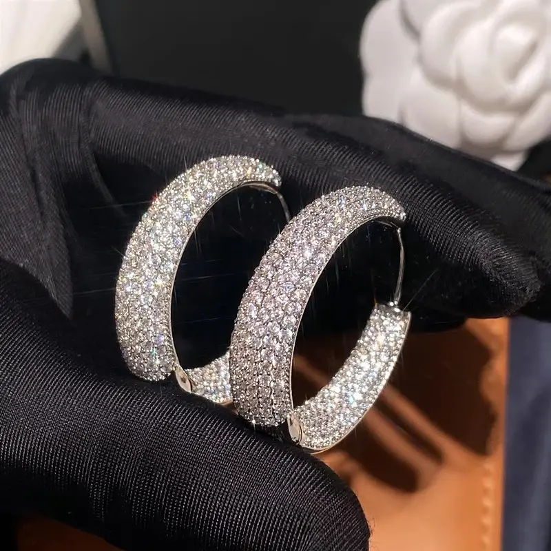 Huitan Luxury Aesthetic Hoop Earrings Full Bling Bling Cubic Zirconia for Women Sparkling Noble Party Jewelry Trendy Accessories