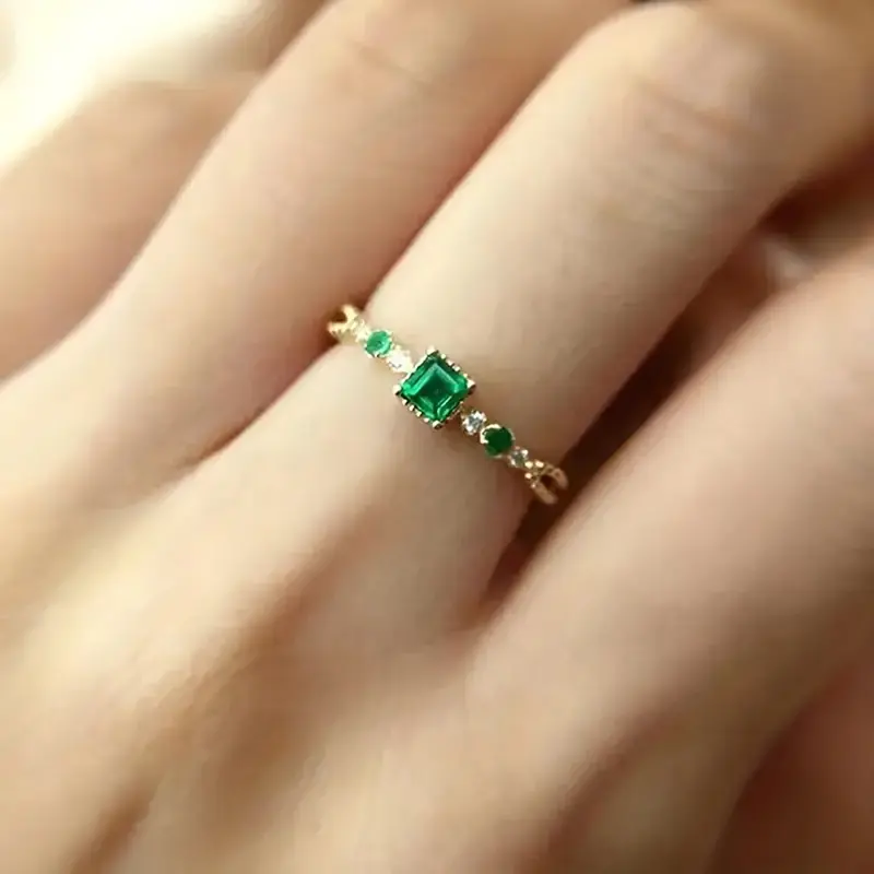 Huitan Aesthetic Square Green Cubic Zirconia Rings for Women Gold Color Simple Stylish Female Rings Charm Wedding Jewelry Gift