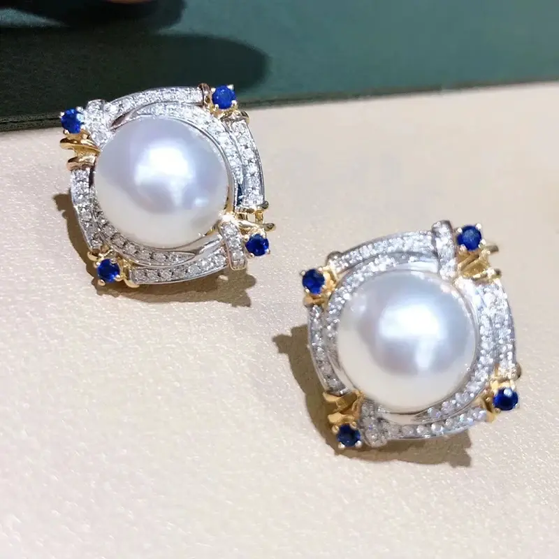 Huitan Gorgeous Women's Imitation Pearl Stud Earrings with Brilliant Blue/White CZ Novel Two Tone Luxury Trendy Wedding Jewelry