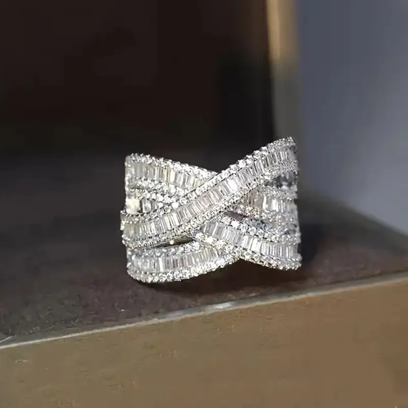 Huitan Trendy Cross Rings Full Bling Iced Out Cubic Zirconia Gorgeous Wedding Band Accessories for Women Party Statement Jewelry