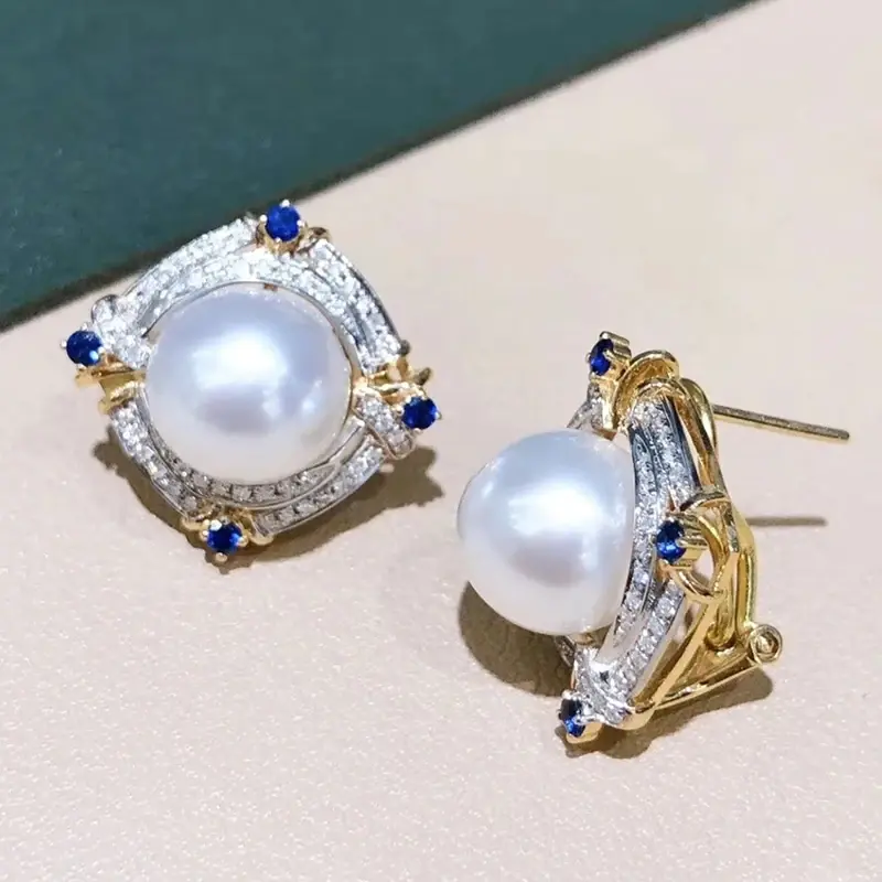 Huitan Gorgeous Women's Imitation Pearl Stud Earrings with Brilliant Blue/White CZ Novel Two Tone Luxury Trendy Wedding Jewelry