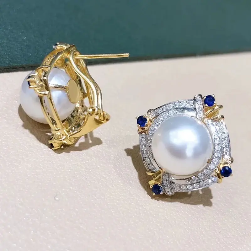 Huitan Gorgeous Women's Imitation Pearl Stud Earrings with Brilliant Blue/White CZ Novel Two Tone Luxury Trendy Wedding Jewelry