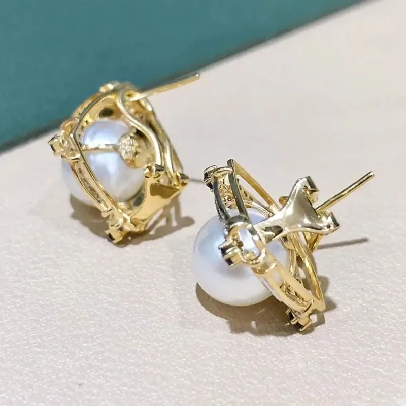Huitan Gorgeous Women's Imitation Pearl Stud Earrings with Brilliant Blue/White CZ Novel Two Tone Luxury Trendy Wedding Jewelry