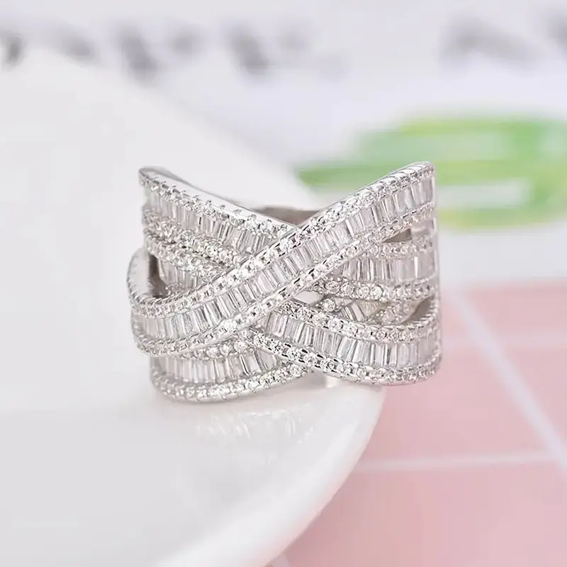 Huitan Trendy Cross Rings Full Bling Iced Out Cubic Zirconia Gorgeous Wedding Band Accessories for Women Party Statement Jewelry