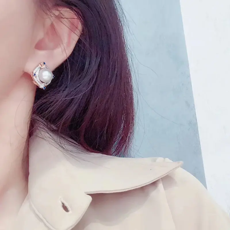Huitan Gorgeous Women's Imitation Pearl Stud Earrings with Brilliant Blue/White CZ Novel Two Tone Luxury Trendy Wedding Jewelry