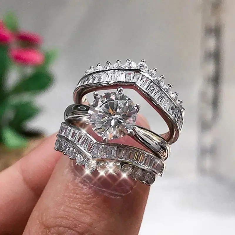 Huitan 2022 Trendy 3Pcs/set Rings for Women Silver Color Luxury Inlaid White Cubic Zirconia Fashion Set Rings Female Jewelry