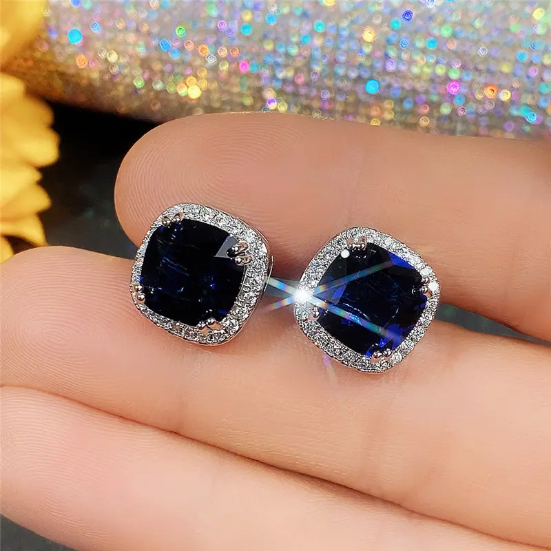Huitan Bling Bling Blue Cubic Zirconia Earring Ear Piercing Female Accessories Party Anniversary Birthday Gift for Women Jewelry