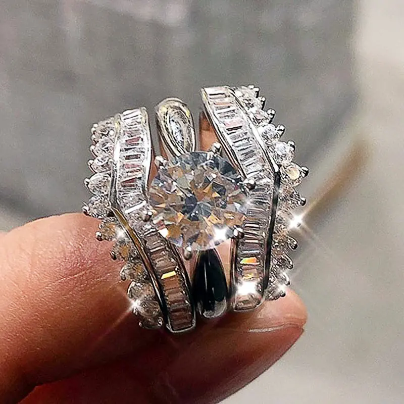 Huitan 2022 Trendy 3Pcs/set Rings for Women Silver Color Luxury Inlaid White Cubic Zirconia Fashion Set Rings Female Jewelry