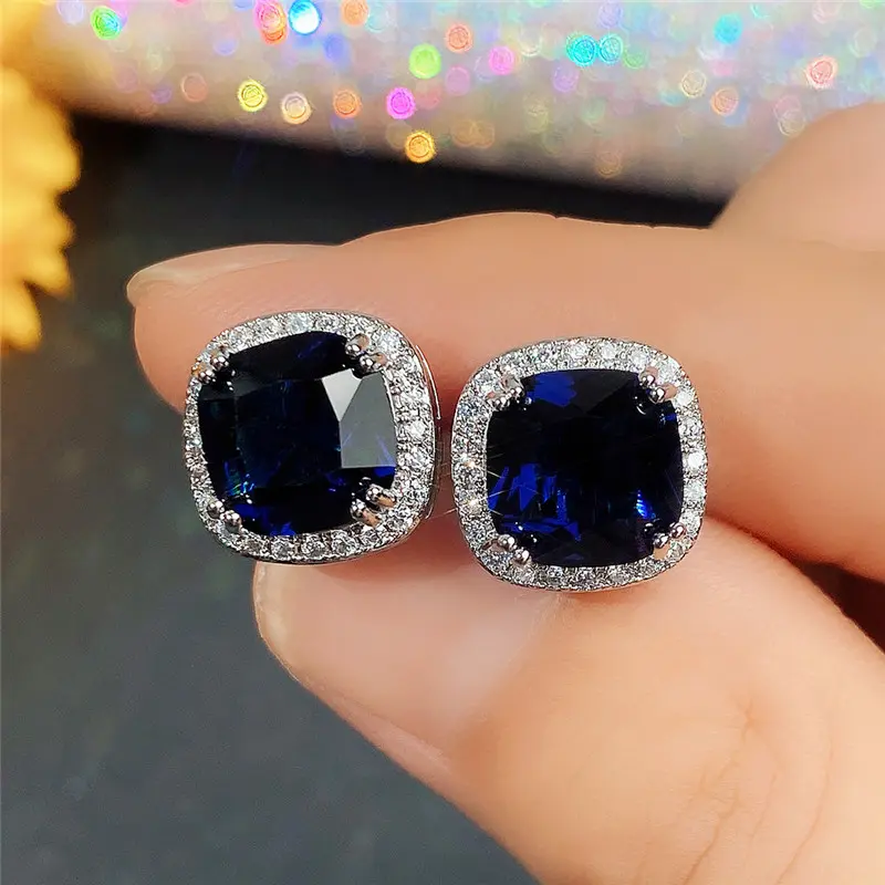 Huitan Bling Bling Blue Cubic Zirconia Earring Ear Piercing Female Accessories Party Anniversary Birthday Gift for Women Jewelry