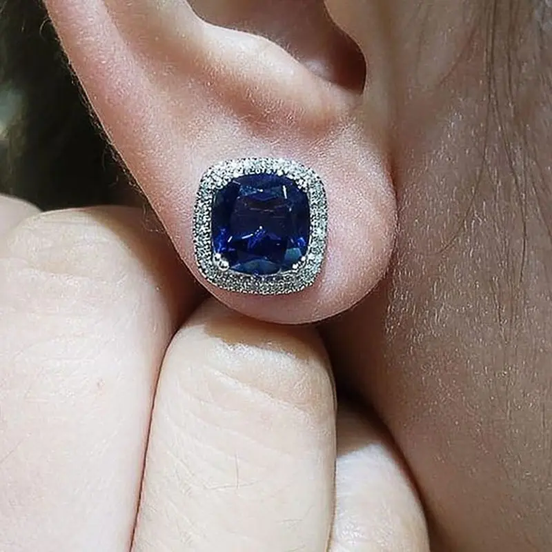 Huitan Bling Bling Blue Cubic Zirconia Earring Ear Piercing Female Accessories Party Anniversary Birthday Gift for Women Jewelry
