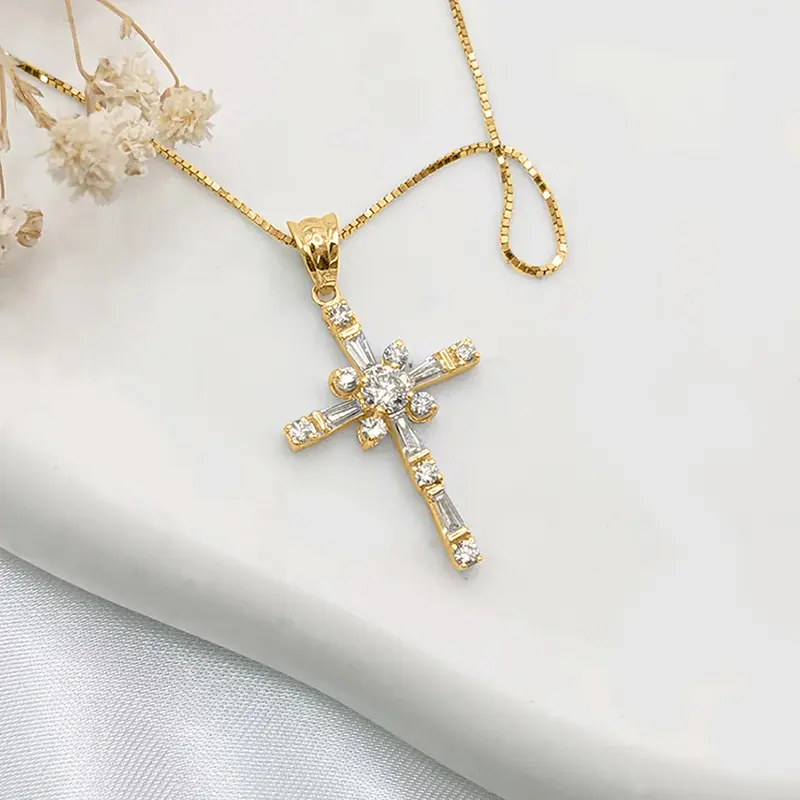 Huitan Modern Fashion Cross Necklace for Women Exquisite Cubic Zirconia Pendant Necklace Gold Color Temperament Female Jewelry