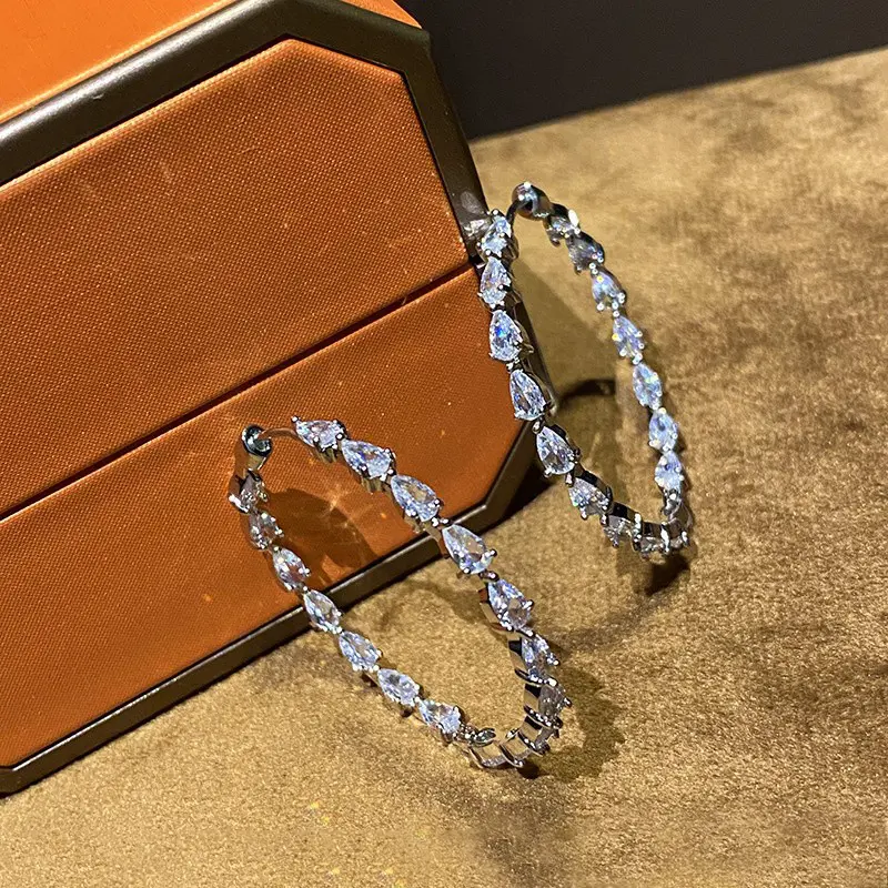 Huitan Luxury Pear Cubic Zirconia Crystal Hoop Earrings for Women Daily Wear Statement Girls Accessories Modern Fashion Jewelry