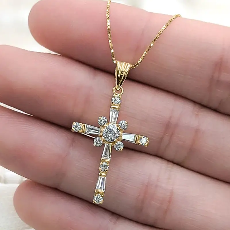 Huitan Modern Fashion Cross Necklace for Women Exquisite Cubic Zirconia Pendant Necklace Gold Color Temperament Female Jewelry
